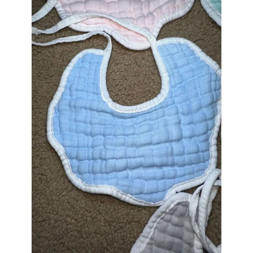 5 Scallop Edge, Pastel Color, Muslin Material Baby Bibs, White Trim, 100% Cotton